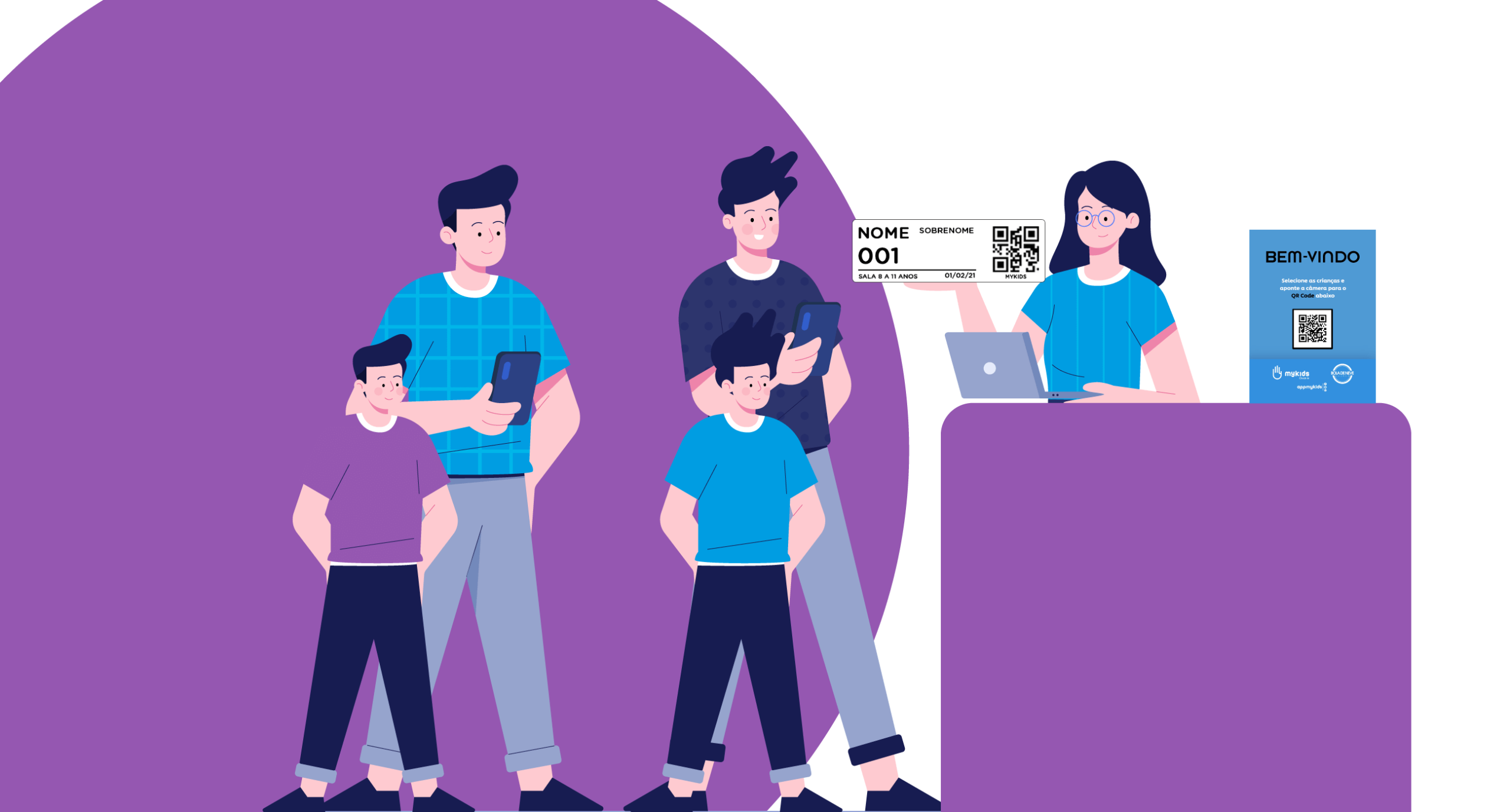 Crianças com seus pais fazendo check-in na igreja com MyKids.