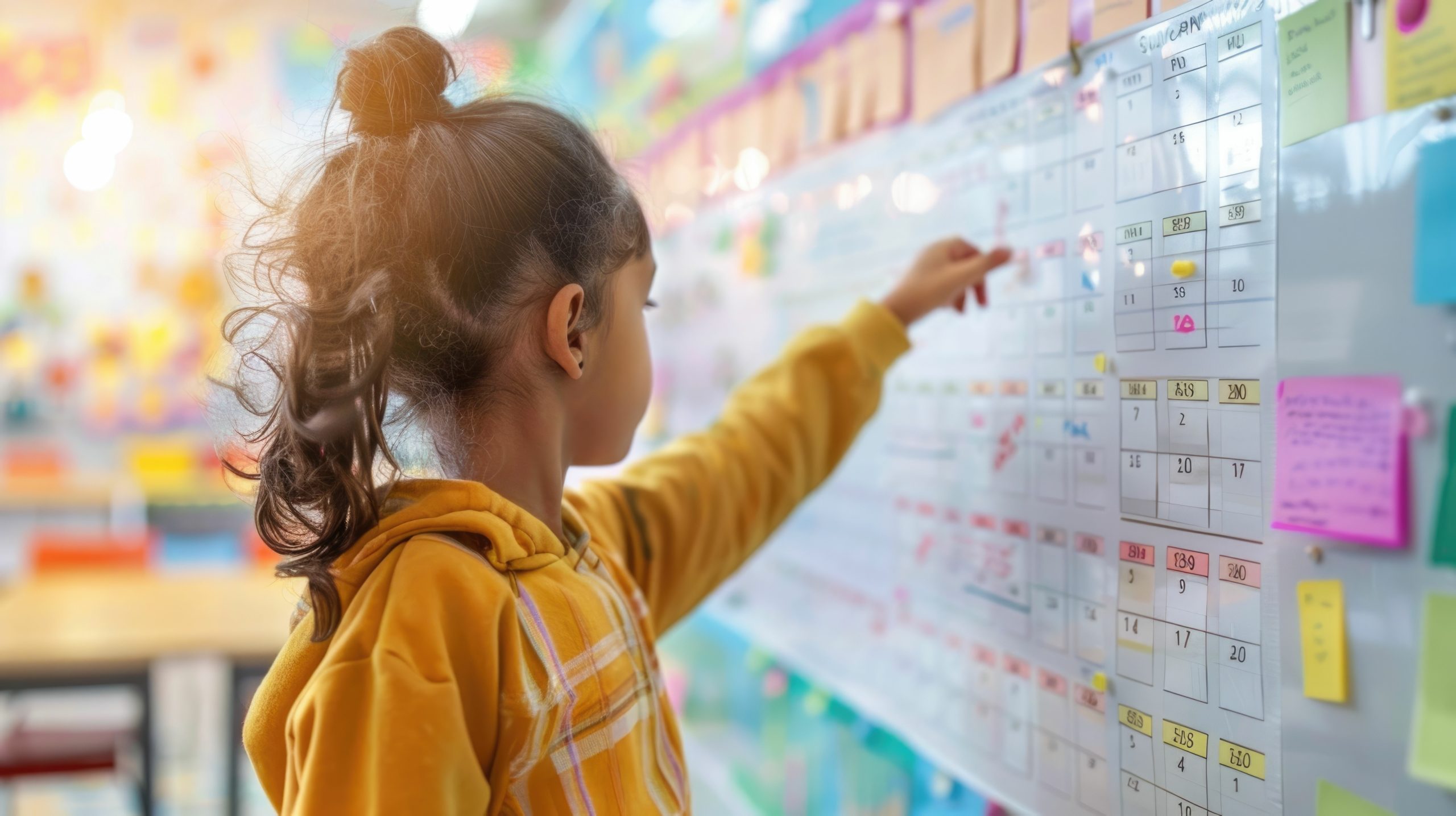 Menina criança organizando um quadro com temas de aula para Ministério Infantil.