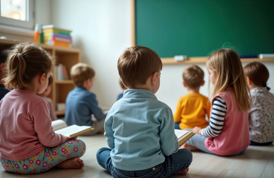 Pequeninos sentados enquanto a professora do Ministério Infantil ensina crianças a orar