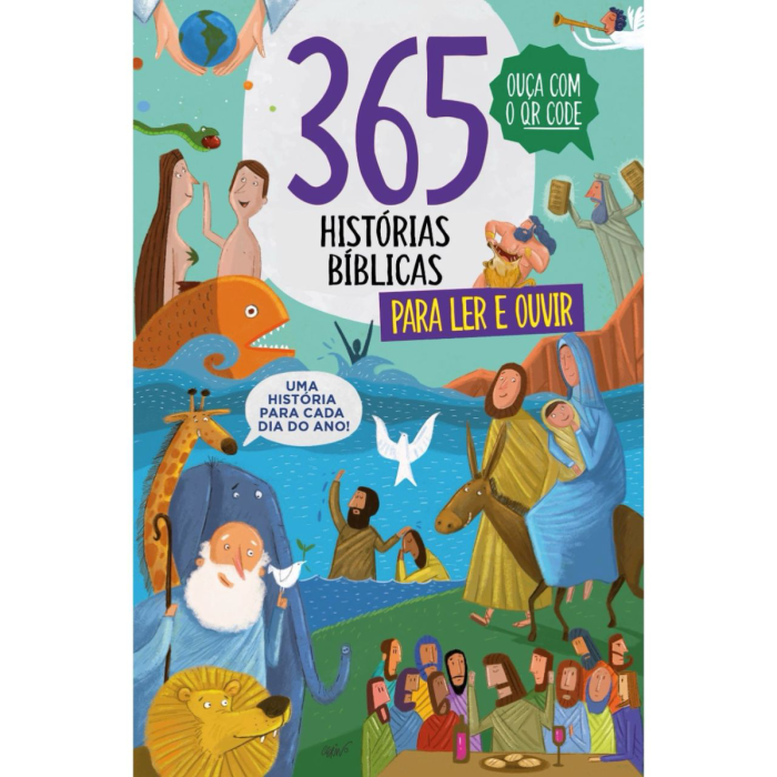 Capa do livro “365 Histórias Bíblicas para Ler e Ouvir”, com ilustrações de personagens bíblicos, ideal para famílias que desejam livros cristãos para crianças com leitura diária.