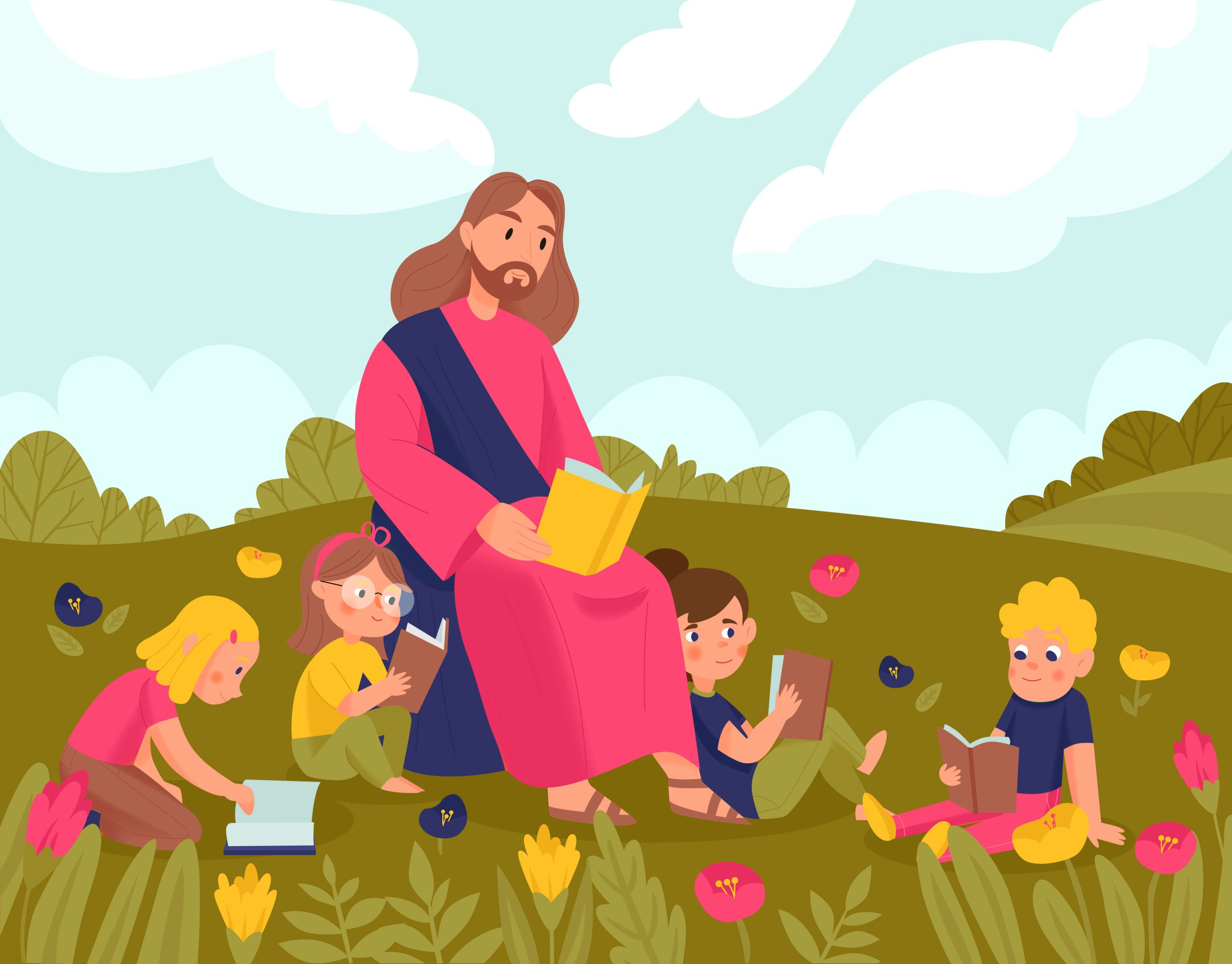 Ilustração de Jesus ensinando crianças ao ar livre, representando o discipulado infantil como momento de aprendizado bíblico e formação espiritual.