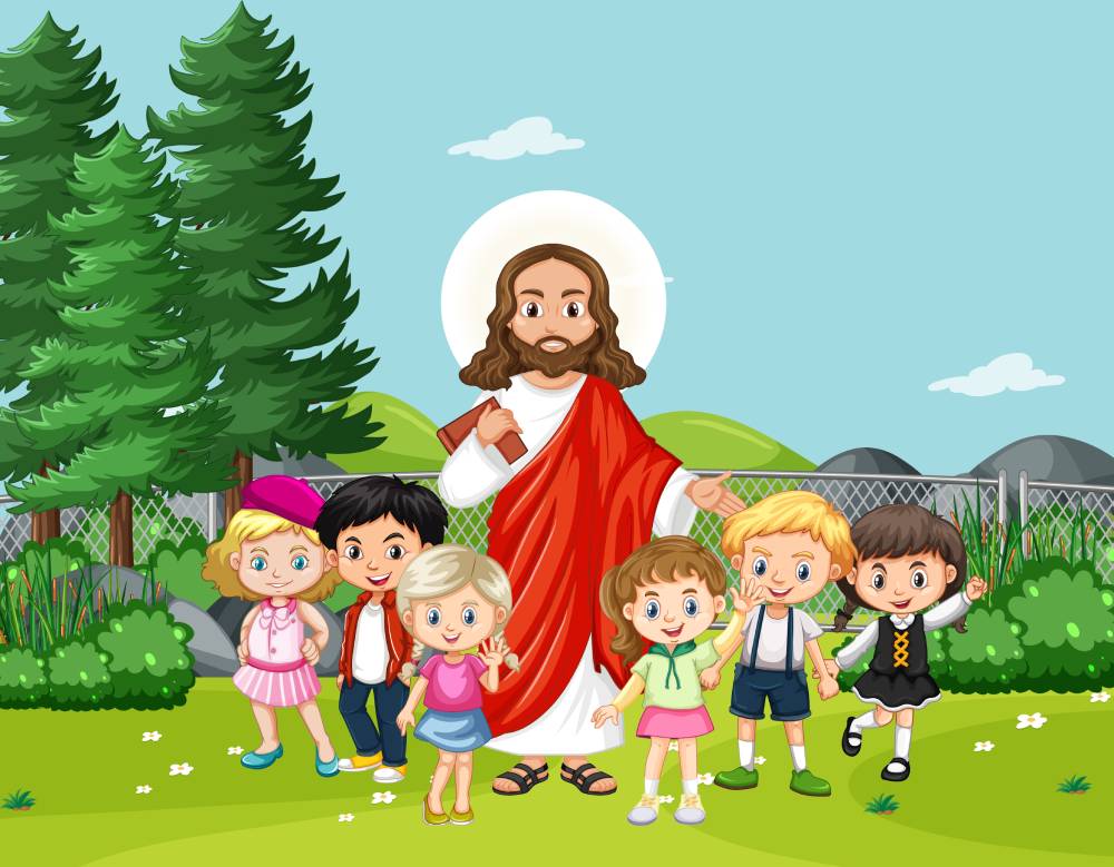 Ilustração de Jesus com crianças em ambiente alegre, representando a história da Páscoa para crianças de forma lúdica e educativa
