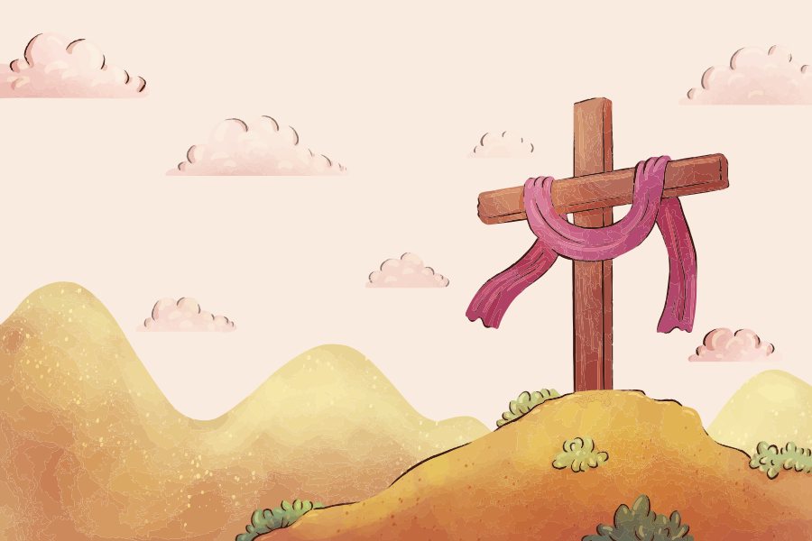 Ilustração de Jesus com crianças em ambiente alegre, representando a história da Páscoa para crianças de forma lúdica e educativa